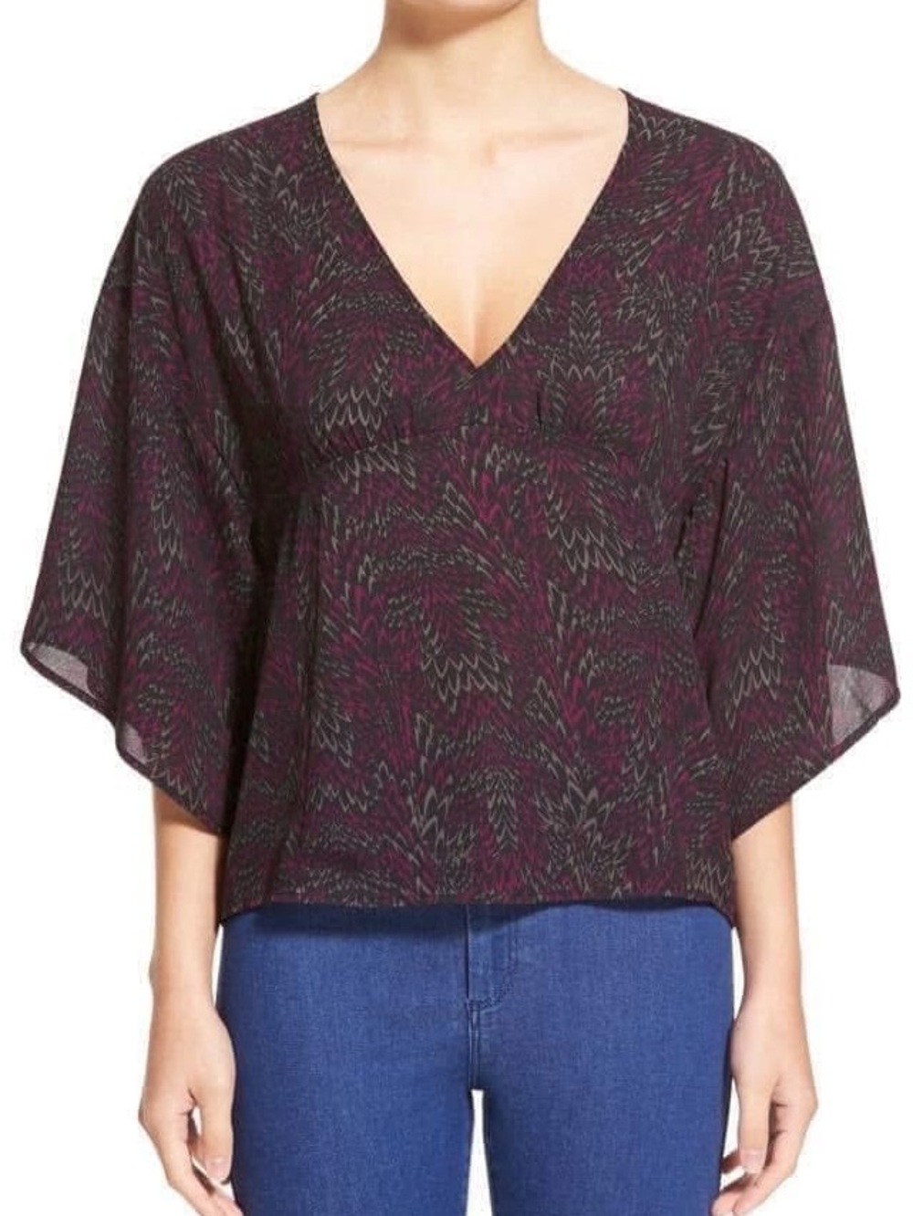 NWT Leith V-Neck Kimono Sleeve Blouse in Plum and Charcoal—Size Small